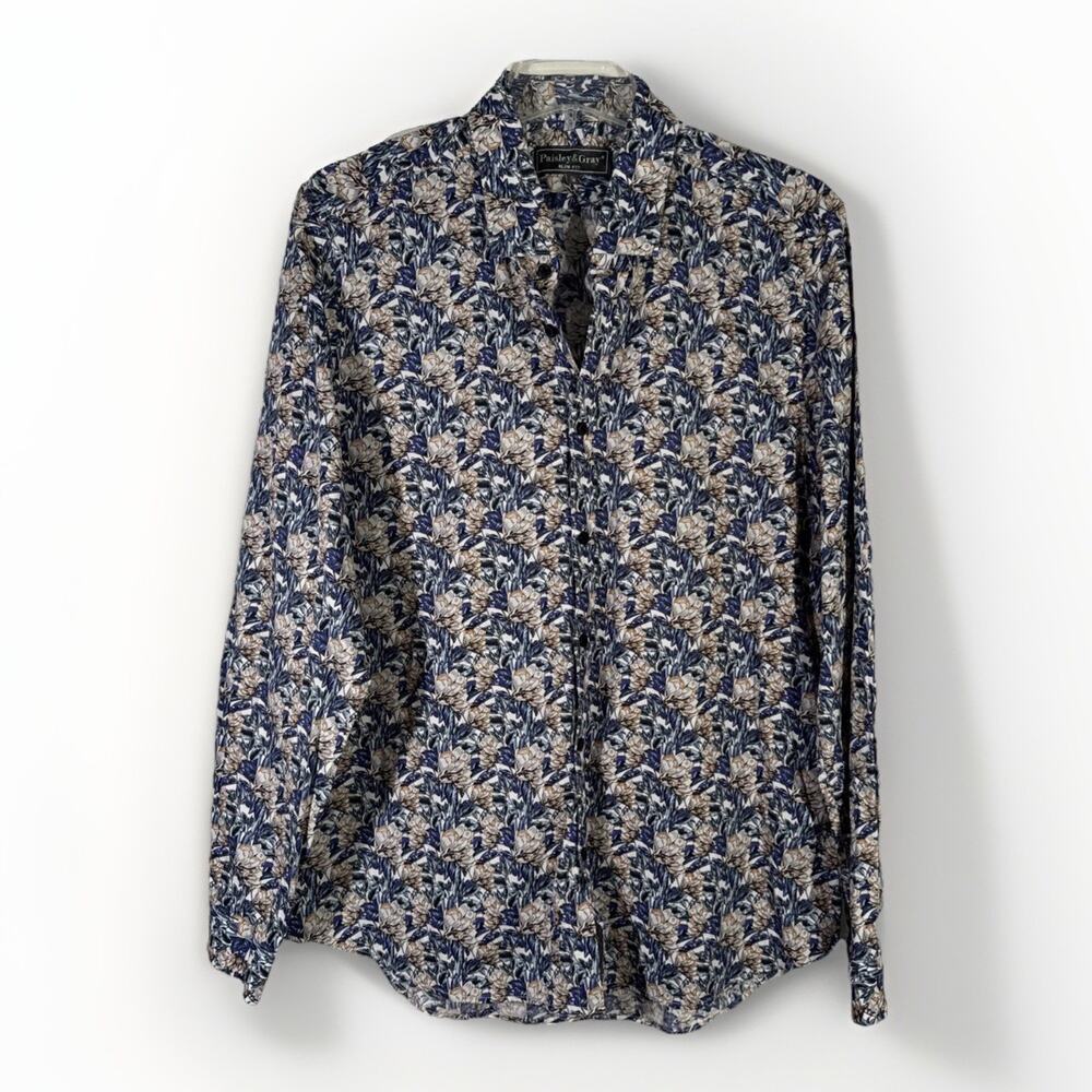 Paisley & Gray Button Down Shirt - Men's L - Slim Fit Blue Floral Long Sleeve